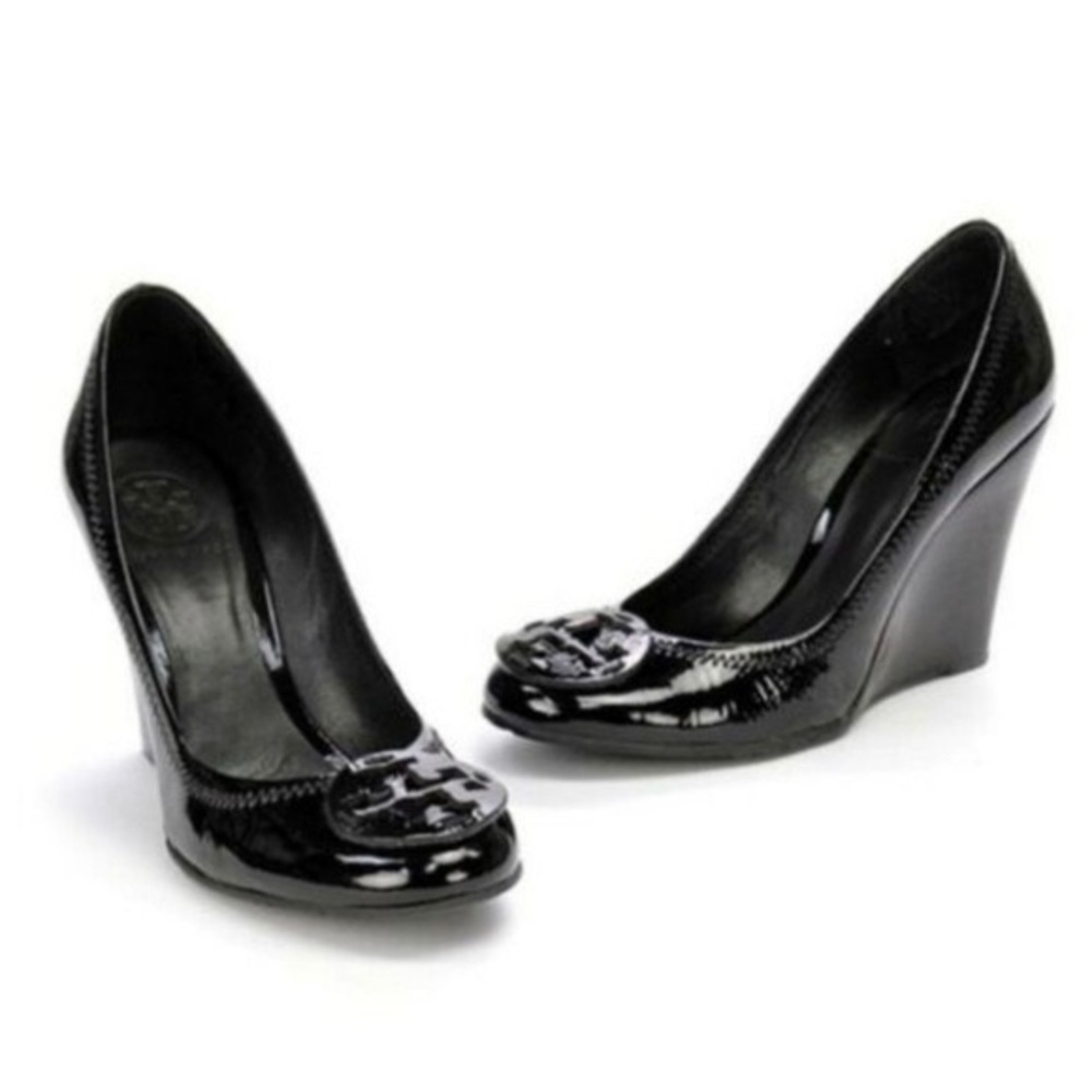Tory Burch Sophie Black Patent Leather Wedge Heels